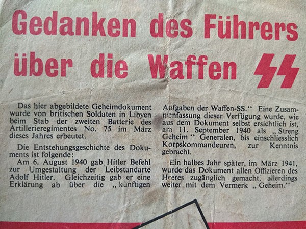 PROPAGAMDA-FLUGBLATT: GEDANKEN DES FÜHRERS ÜBER DIE WAFFEN SS